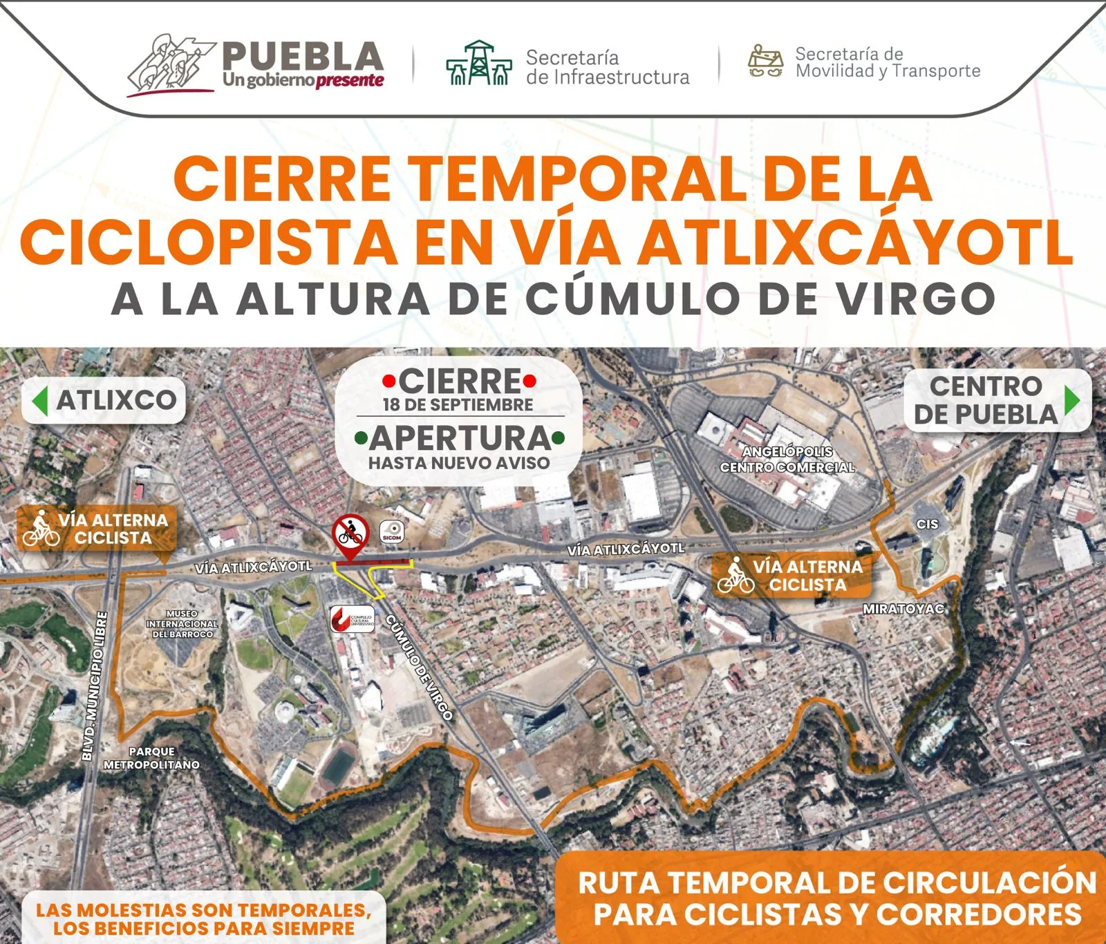 Cierre Temporal de Ciclopista en Vía Atlixcáyotl por Construcción de Paso Vehicular