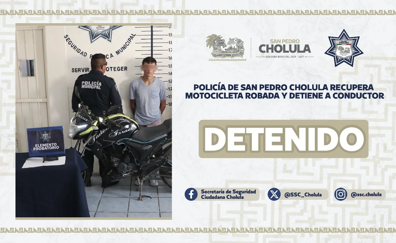 Policía de San Pedro Cholula recupera motocicleta robada