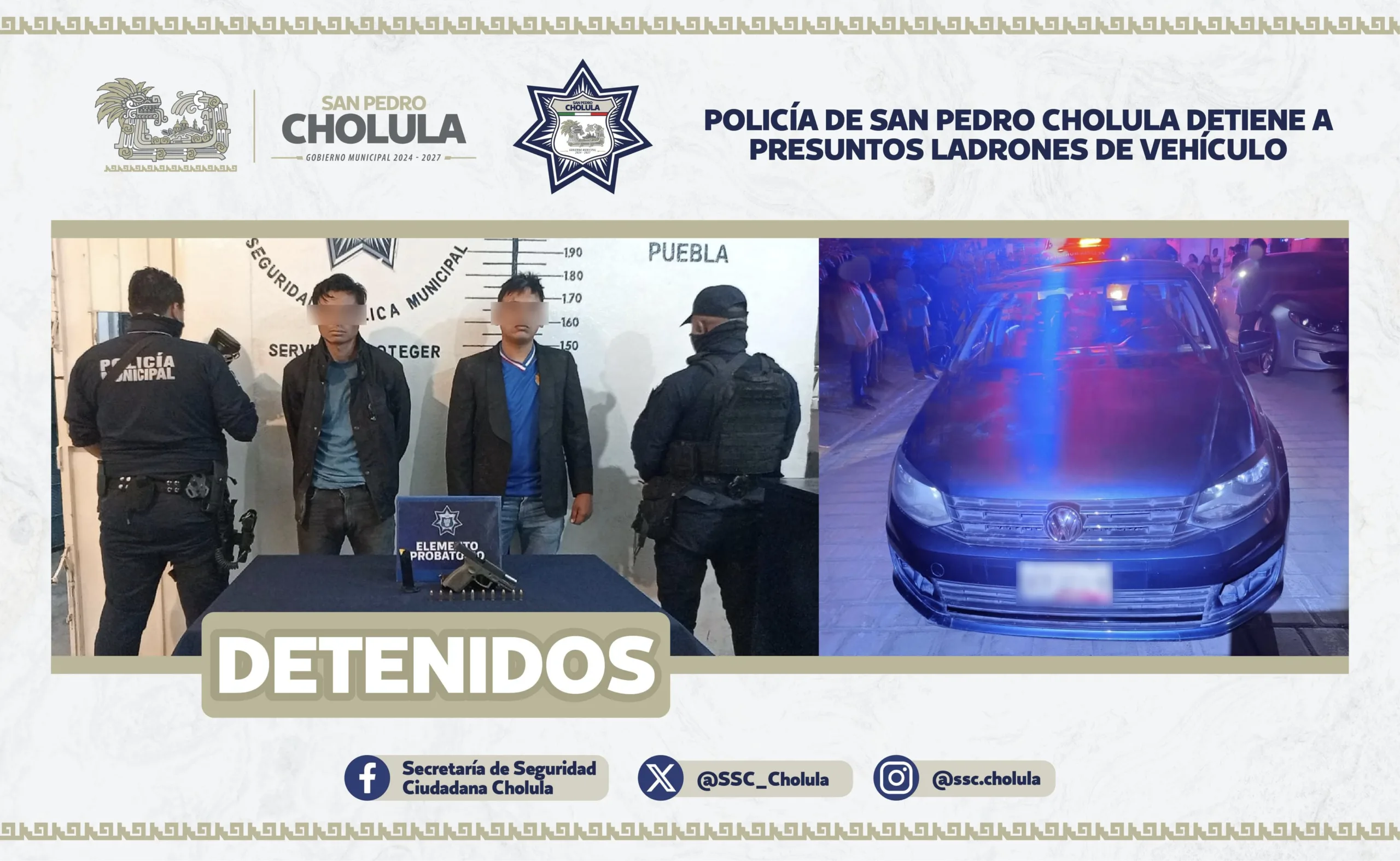 Detienen a presuntos ladrones de vehículos en San Pedro Cholula