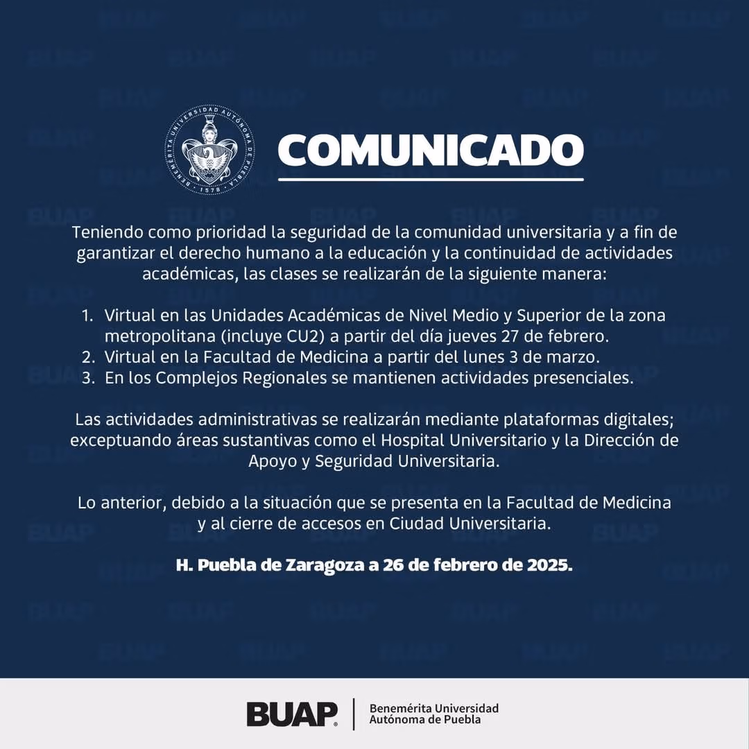 BUAP traslada clases a modalidad virtual ante protestas en Medicina