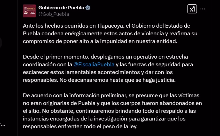 Hallan asesinados a tres hombres y una mujer en Tlapacoya Puebla