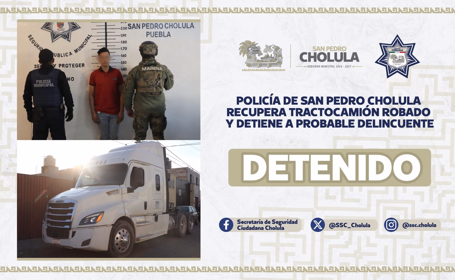 Policía de San Pedro Cholula y SEMAR aseguran tractocamión robado y detienen a dos presuntos delincuentes