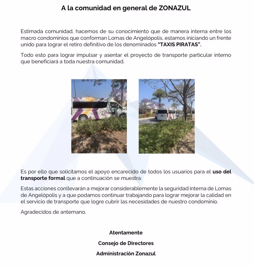 Vecinos de Lomas de Angelópolis forman “Frente Unido” para erradicar taxis piratas