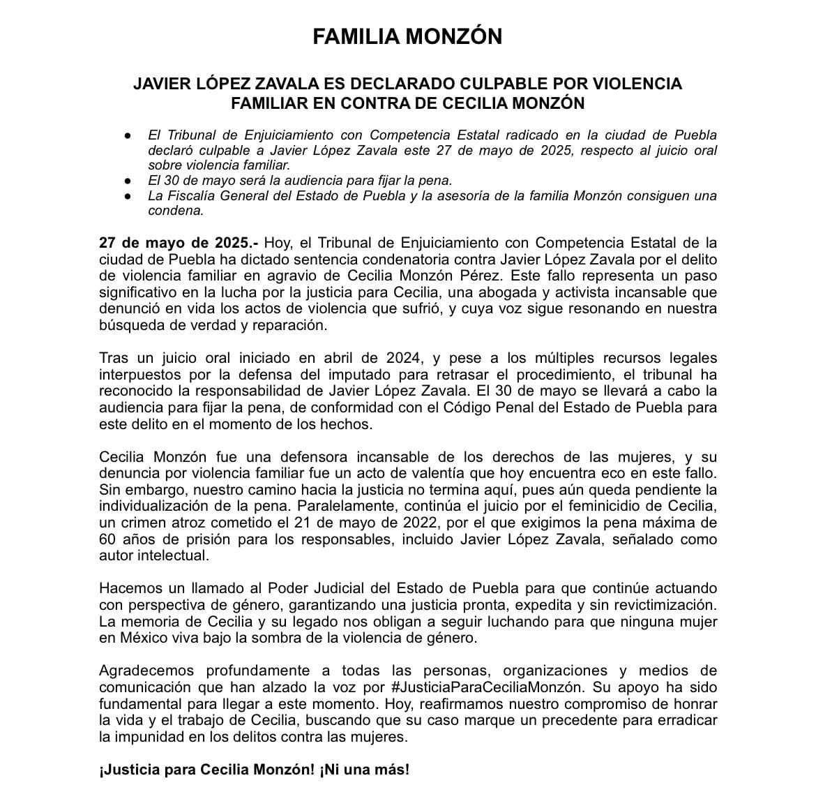 Declaran culpable a Javier López Zavala por violencia familiar contra Cecilia MonzónEl 30 de mayo se determinará la pena. Continúa proceso por feminicidio.
