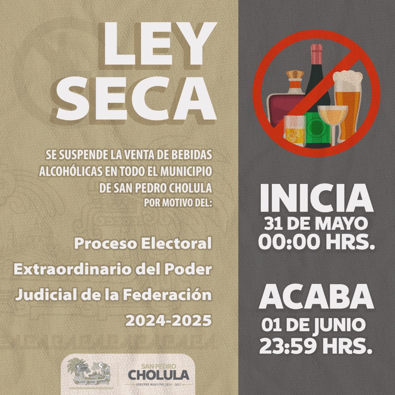 Ley Seca en San Pedro Cholula por elecciones del Poder Judicial