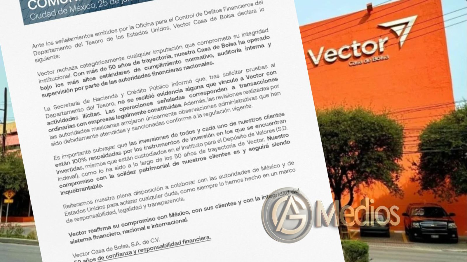 Vector rechazó acusaciones de lavado de dinero. Niega vínculos con cárteles mexicanos