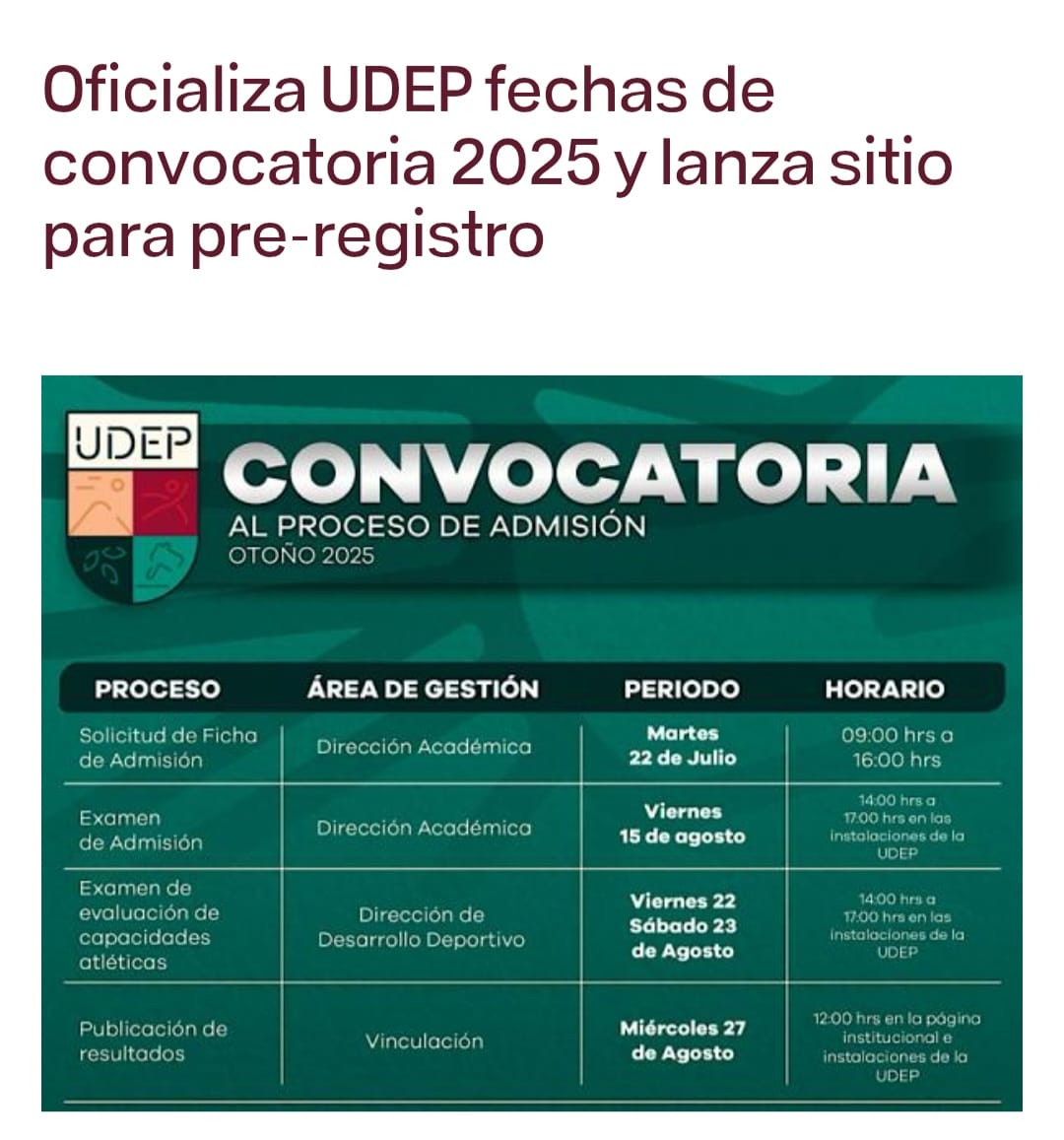 UNIVERSIDAD DEL DEPORTE INICIA PREREGISTRO AL PROCESO DE ADMISIÓN 2025Examen de admisión será el 15 de agosto para tres licenciaturas