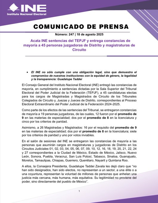Acata INE sentencias del TEPJF y entrega constancias de mayoría a 45 personas juzgadoras de Distrito y magistraturas de Circuito