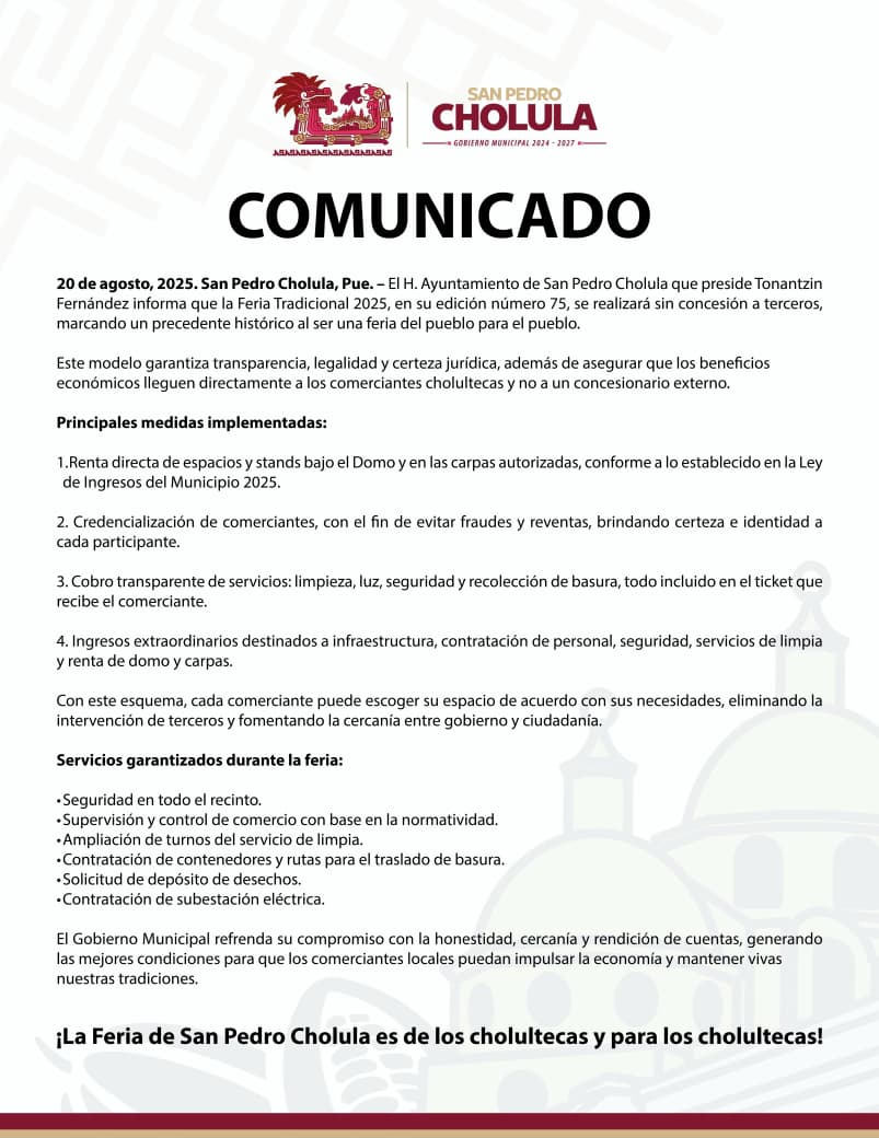 Feria Tradicional de San Pedro Cholula 2025 será organizada sin concesión a terceros
