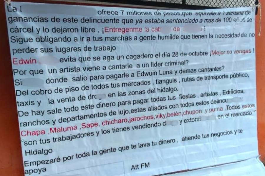 Amenaza a Simitrio y advertencia a Edwin Luna: colocan narcomantas en La Acocota