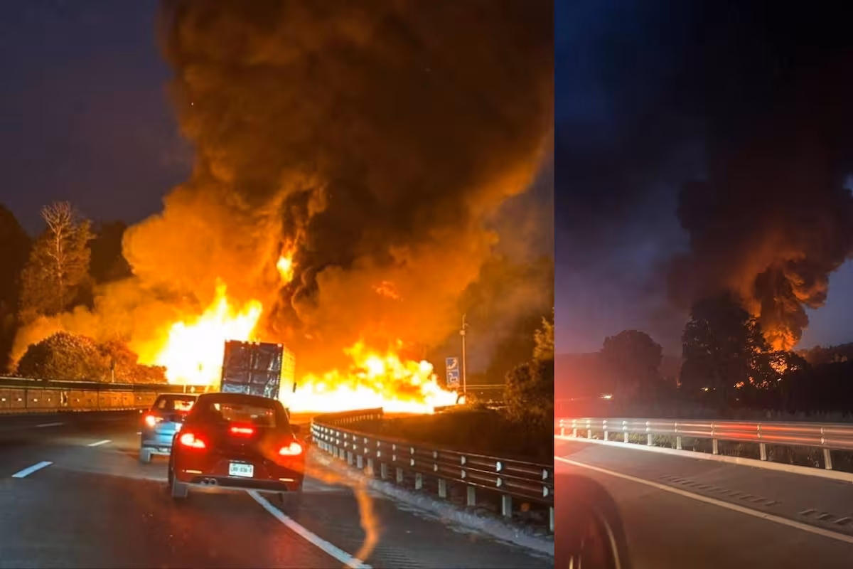 Cierre total en la autopista México–Puebla por volcadura e incendio de pipa