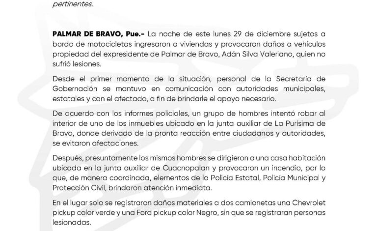 En coordinación, órdenes de gobierno brindan atención inmediata a hechos en Palmar de Bravo