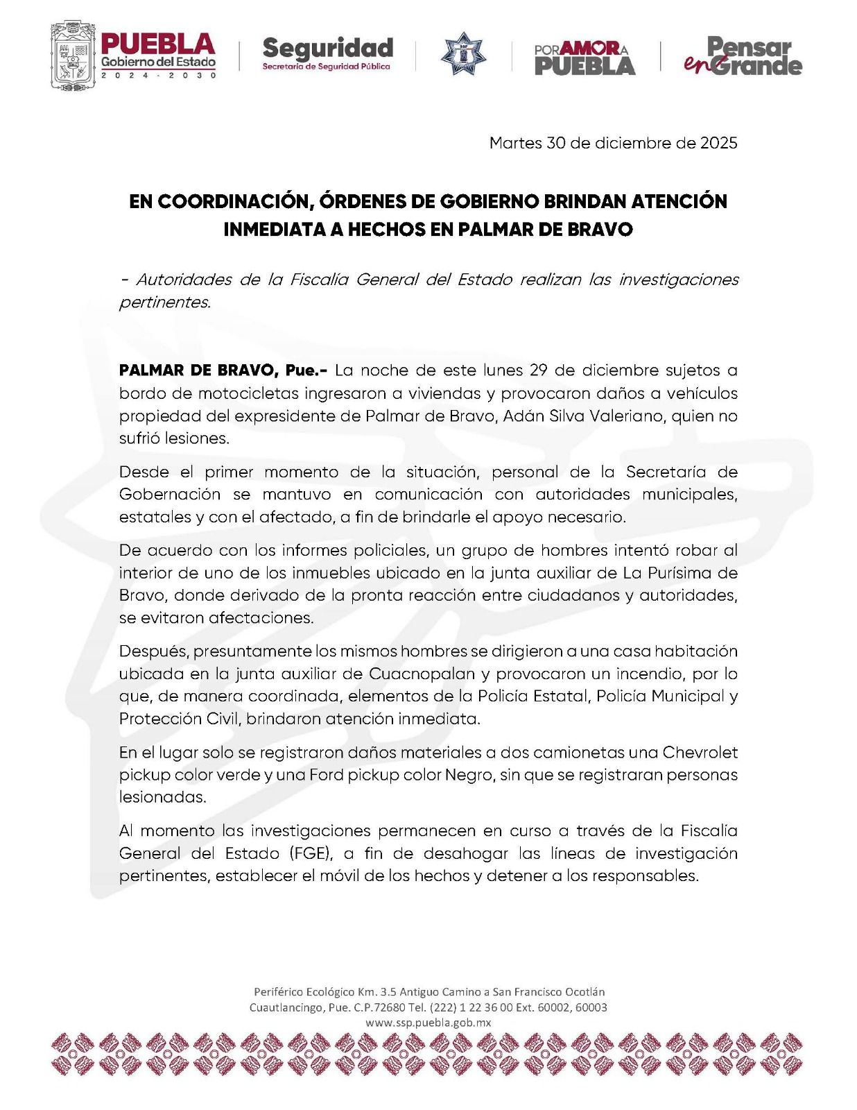 En coordinación, órdenes de gobierno brindan atención inmediata a hechos en Palmar de Bravo