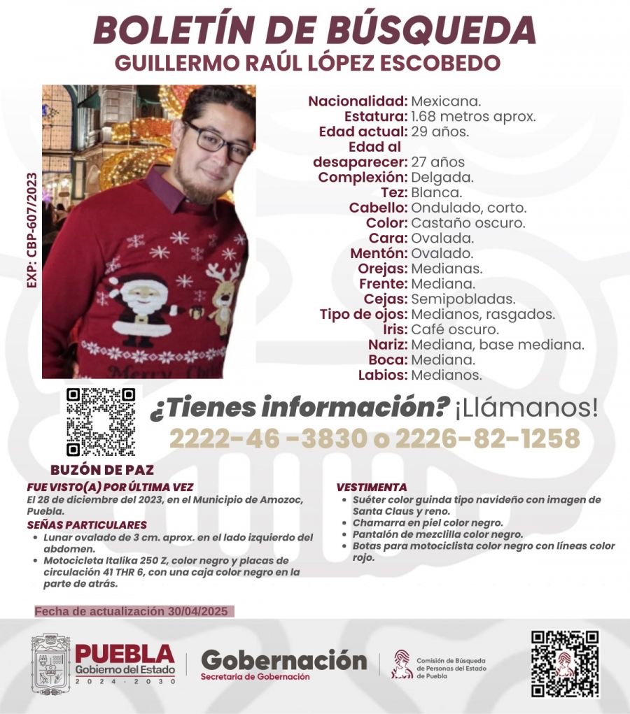 Comisión de Búsqueda de Puebla mantiene operativos para localizar a persona desaparecida desde 2023