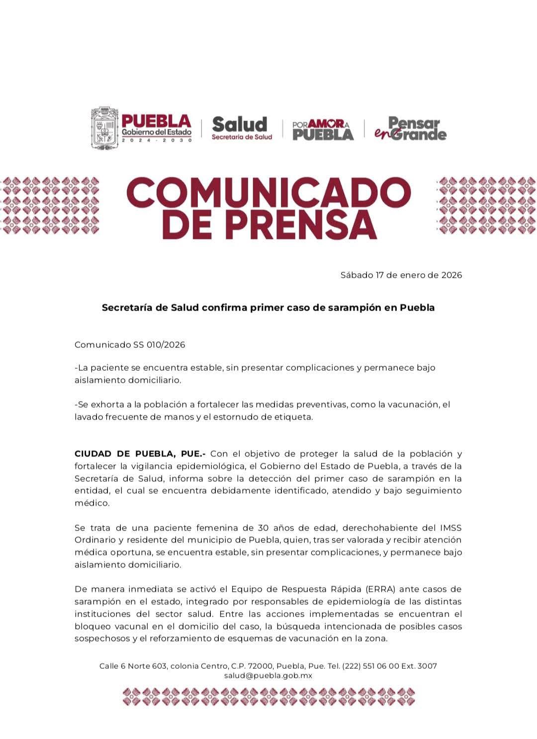 Puebla notifica su primer caso de sarampión; todas las entidades del país ya reportan contagios del brote iniciado en 2025