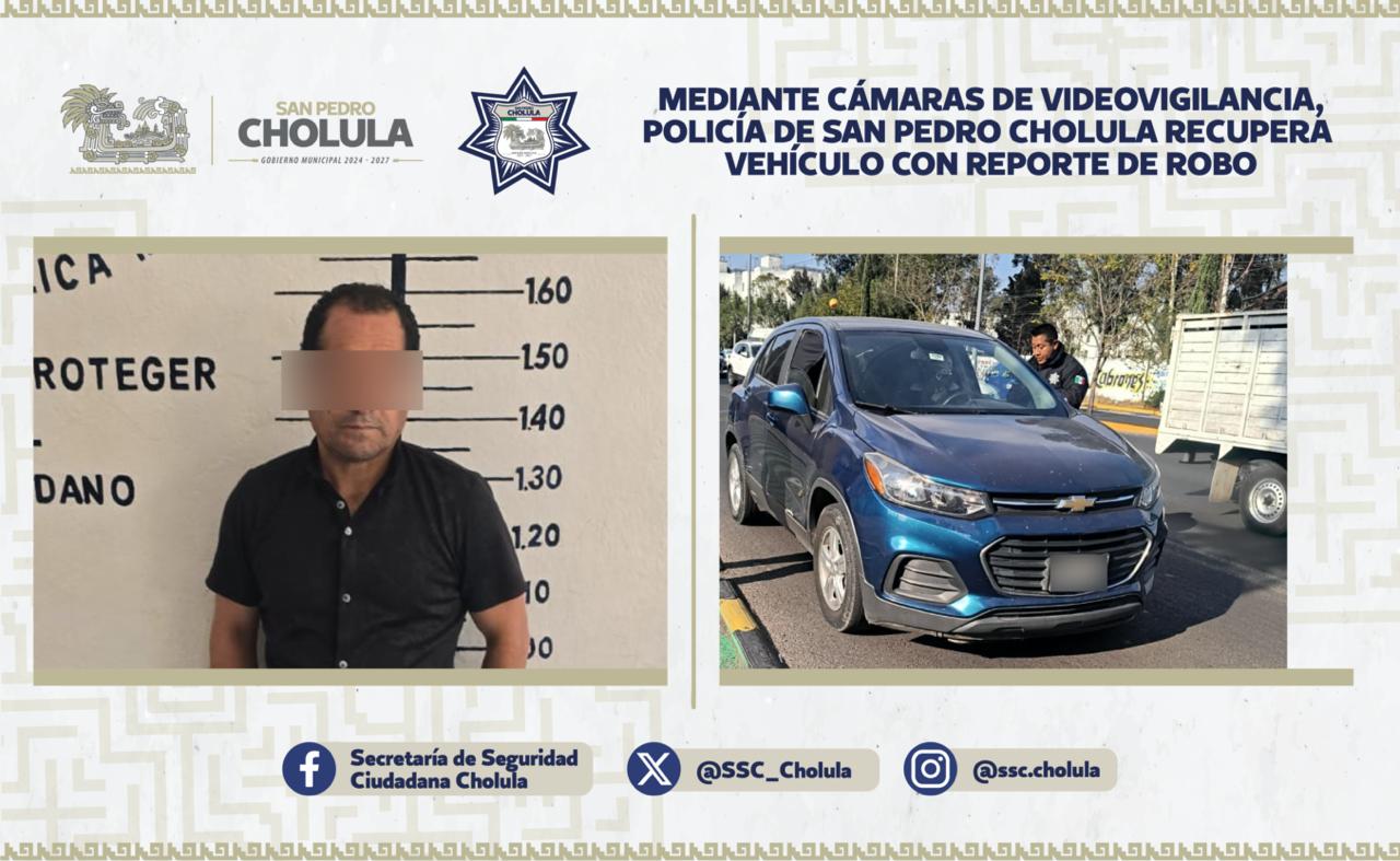 Mediante videovigilancia, policía de San Pedro Cholula recupera vehículo con reporte de robo