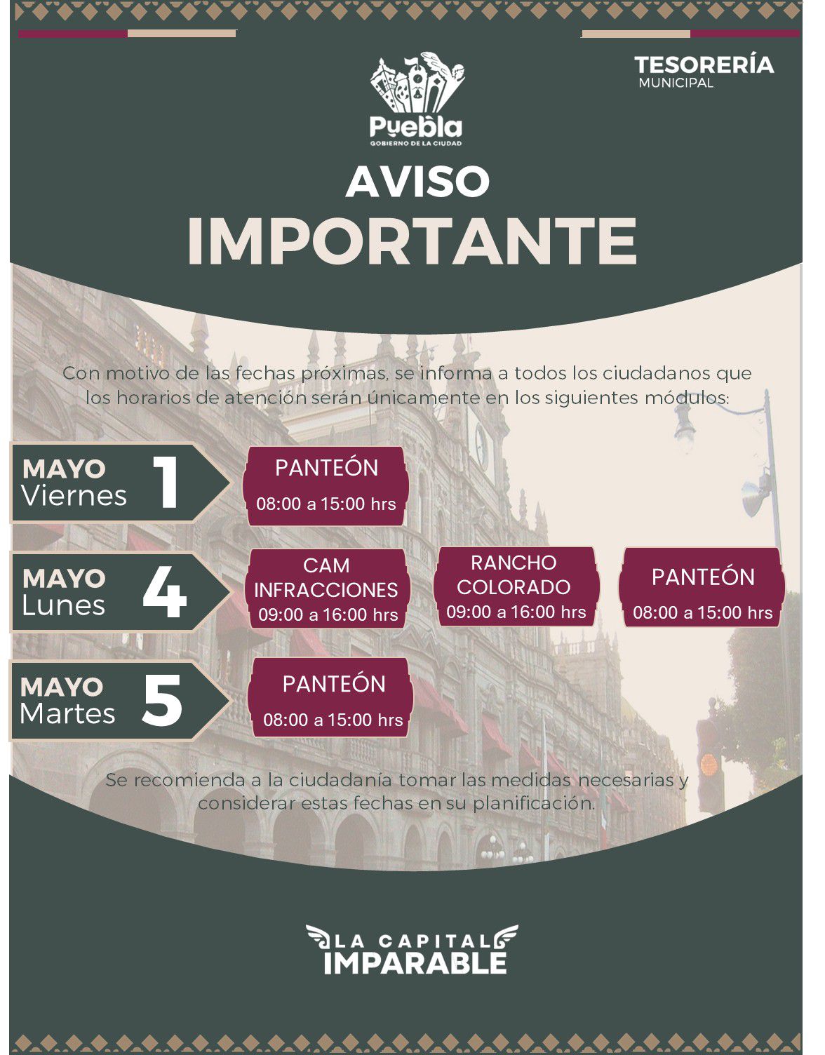 Puente con horarios: así operan cobros y servicios del 1 al 5 de mayo en Puebla Capital