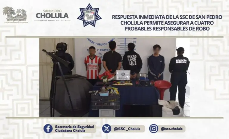 Caen cuatro presuntos implicados en robo a vivienda en San Pedro Cholula