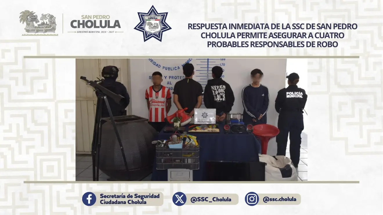 Caen cuatro presuntos implicados en robo a vivienda en San Pedro Cholula
