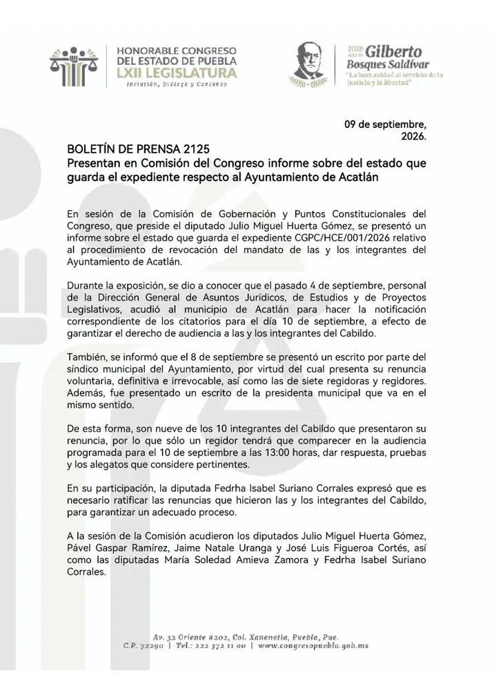 Colapsa Cabildo de Acatlán: renuncian la alcaldesa y ocho integrantes