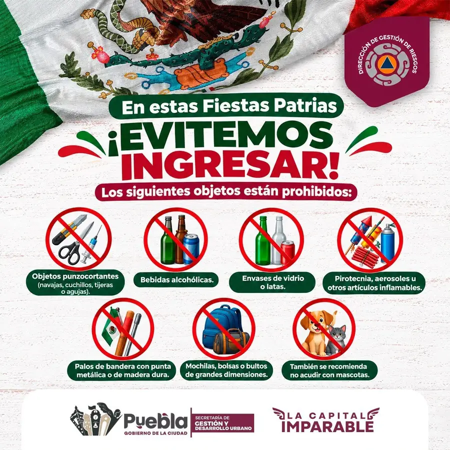¿Vas al Grito en Puebla? Estos objetos estarán prohibidos en el Zócalo