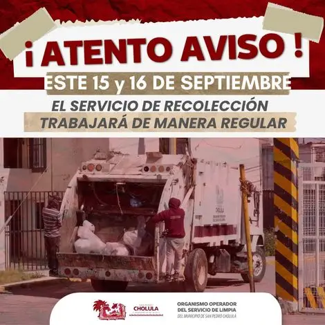 Recolección de basura operará con normalidad el 15 y 16 de septiembre en Cholula