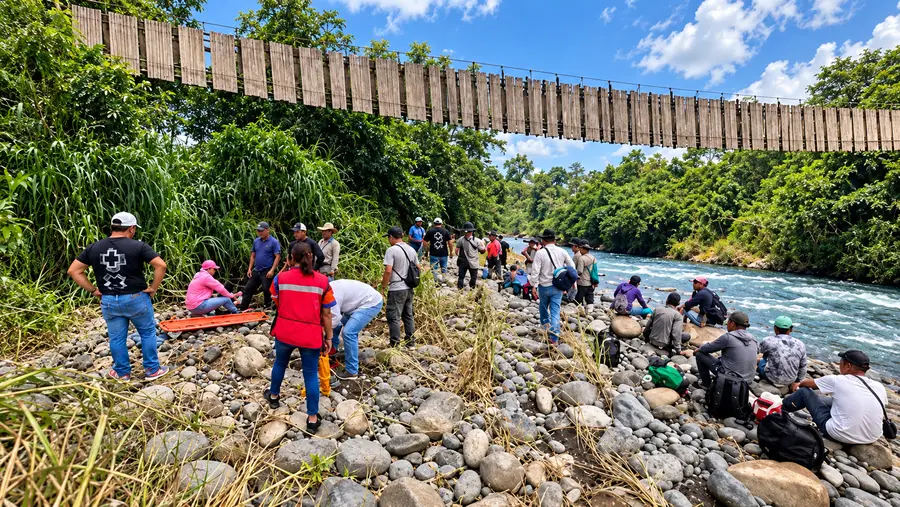 Colapsa puente colgante en Hueytamalco; tres trabajadores caen al río y vecinos exigen paso seguro